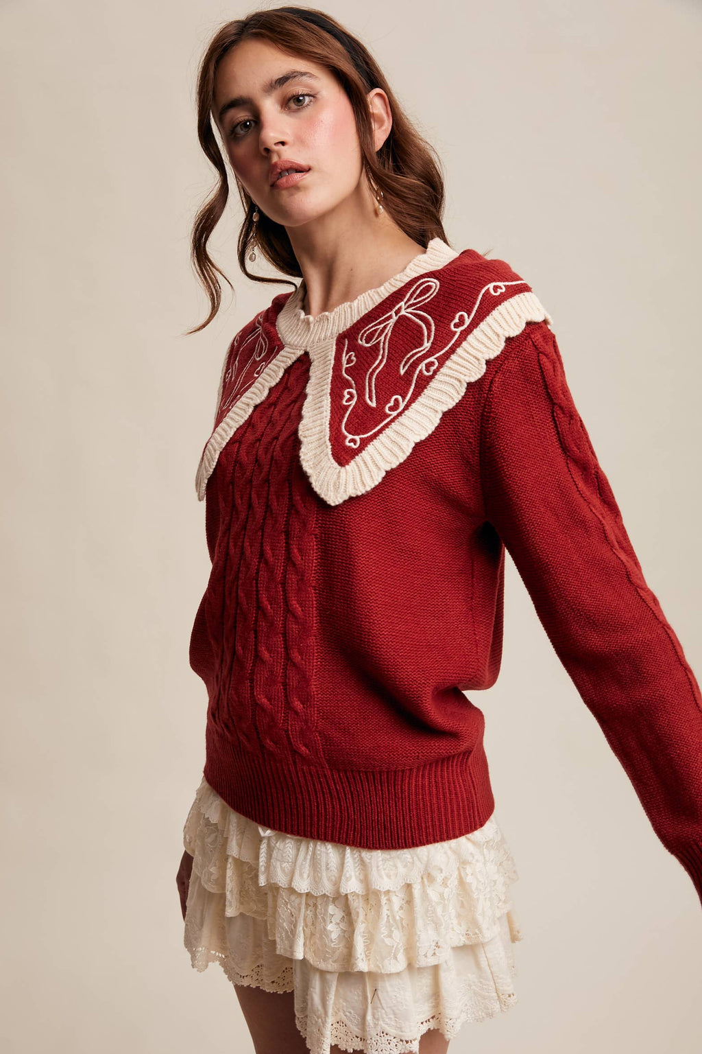 Bow Embroidered Cable Knit Sweater LSW0975