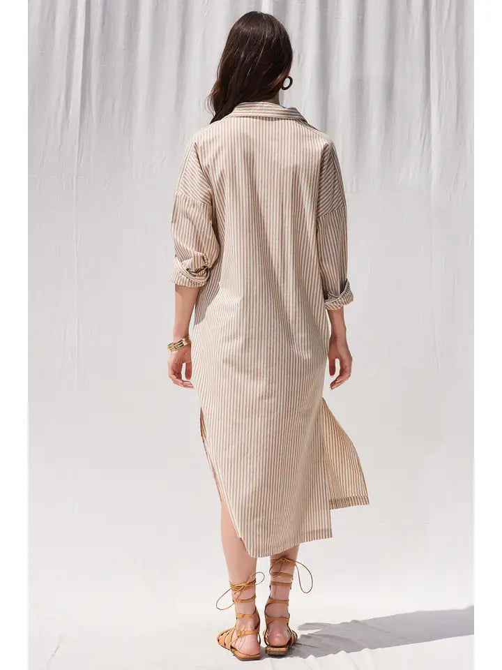 STRIPE MIDI SHIRT MIDI DRESS- TAUPE