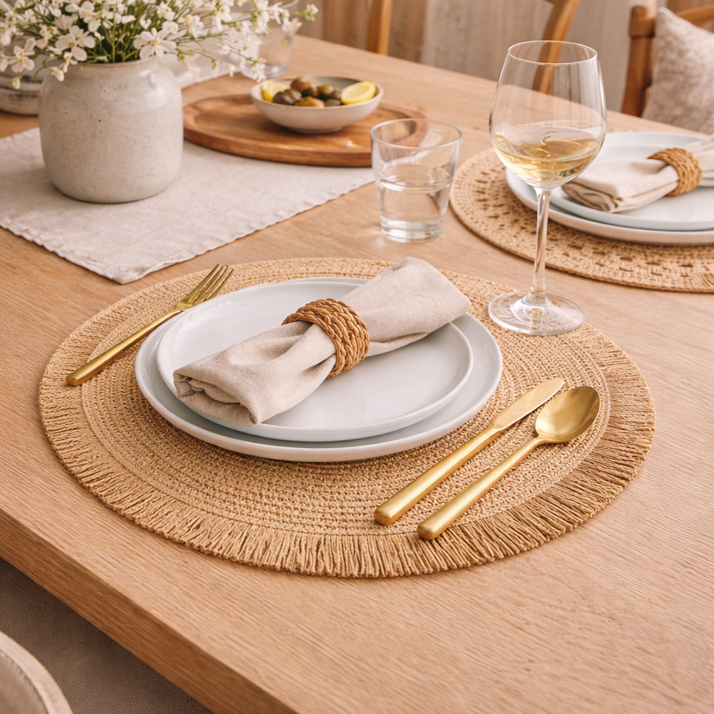 Santorini Straw Fringe Placemats - 15" | Handwoven Round Table Mats