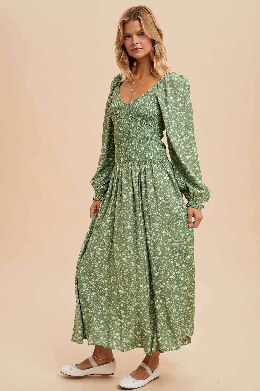 SMOCKED DROPWAIST MAXI DRESS