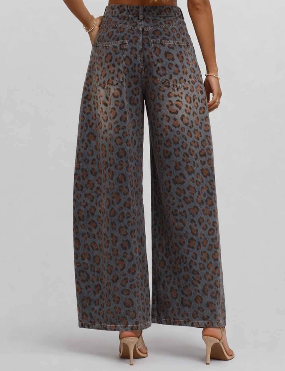Leopard Jacquard Barrel Leg Denim Pants