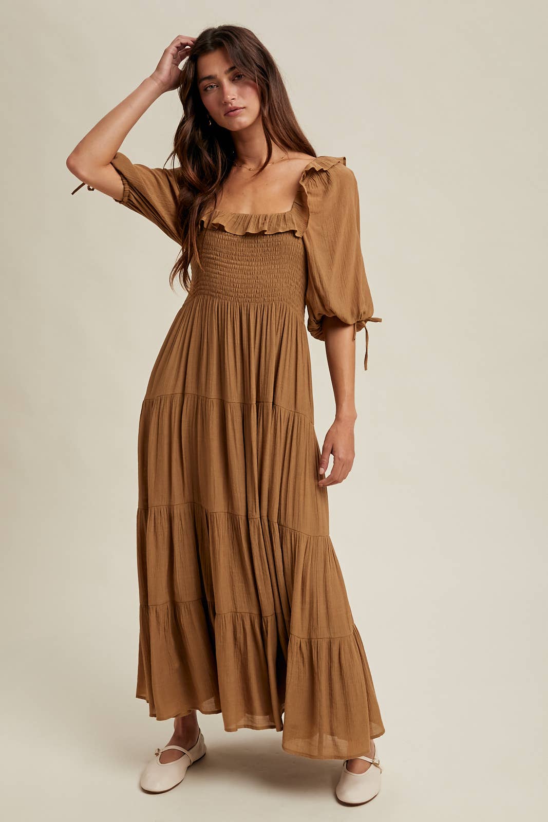 RUFFLE DETAIL TIERED MIDI DRESS / WL25-10640