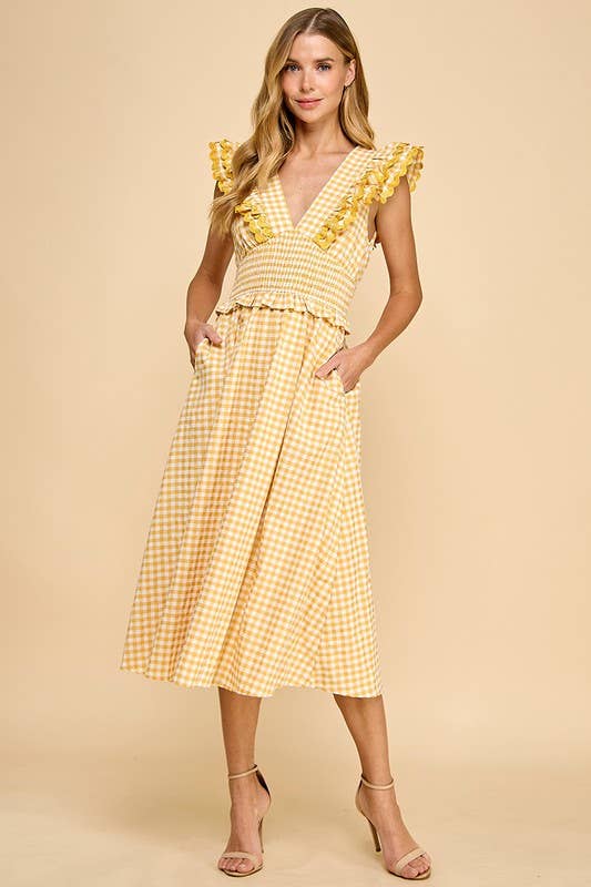 Gingham Ruffled V Neckline Midi Dress