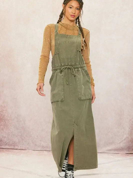 PRE WASHED OVERALL DRESS - OLIVE