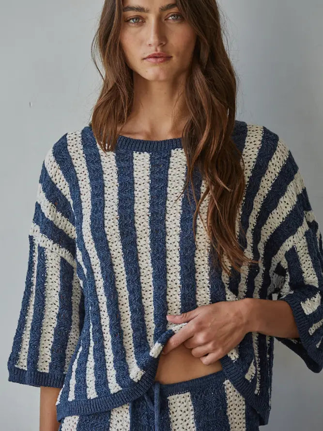 By Together Striped Short Sleeve Sweater - Denim Natural Knit Pullover