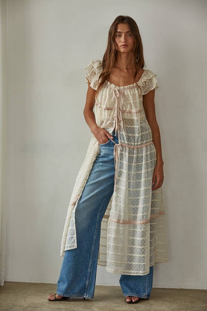 L8620 | Woven See Through Open Front Flare Maxi Dress