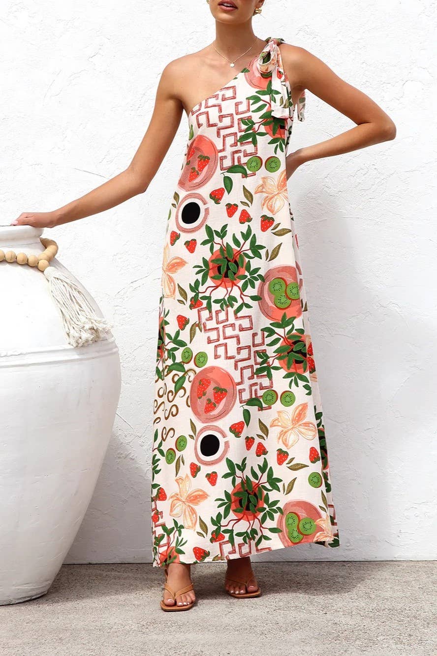 Floral botanical fruit print one shoulder dress