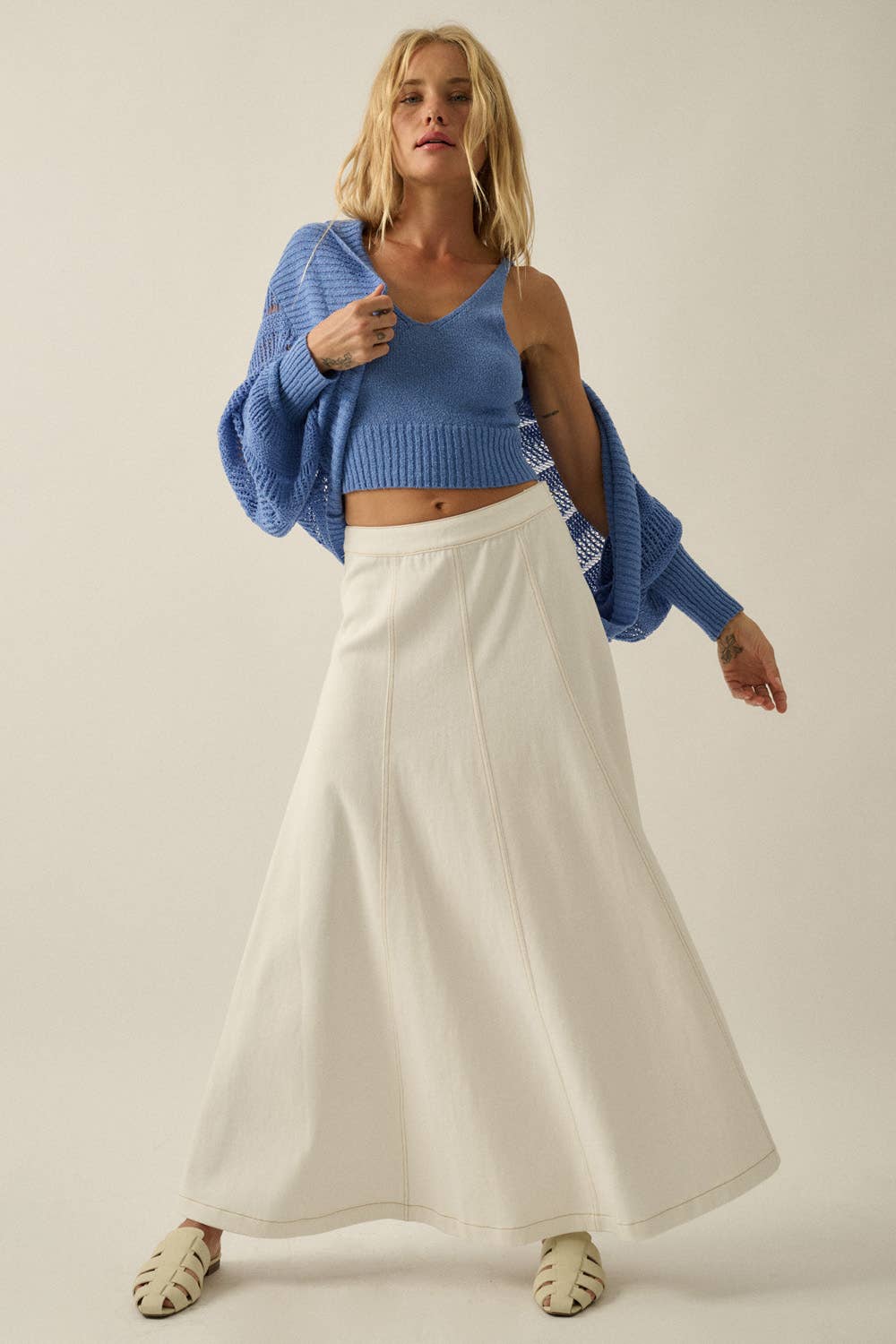 Twill Denim Paneled A-Line Maxi Skirt
