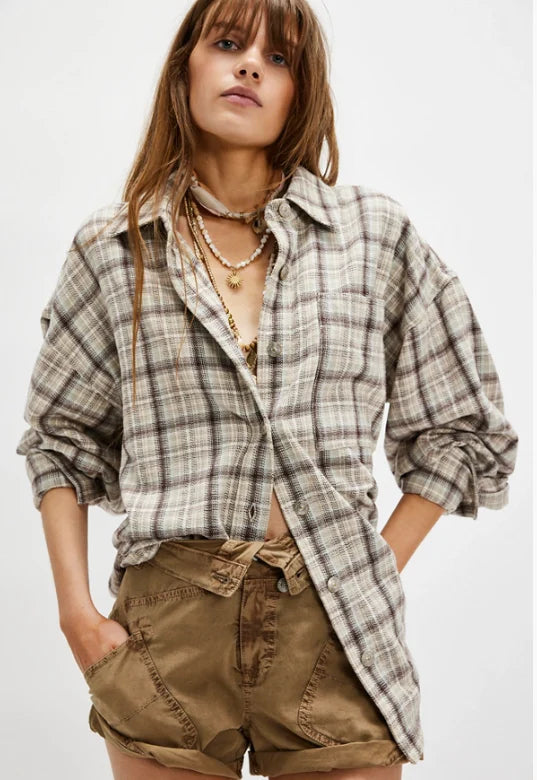 ASHLEY PLAID SHIRT in IVORY COMBO - KRISTA FREE PEOPLE