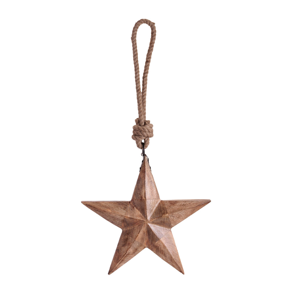 Hand-Carved Wood Star Ornament with Jute Rope Hanger