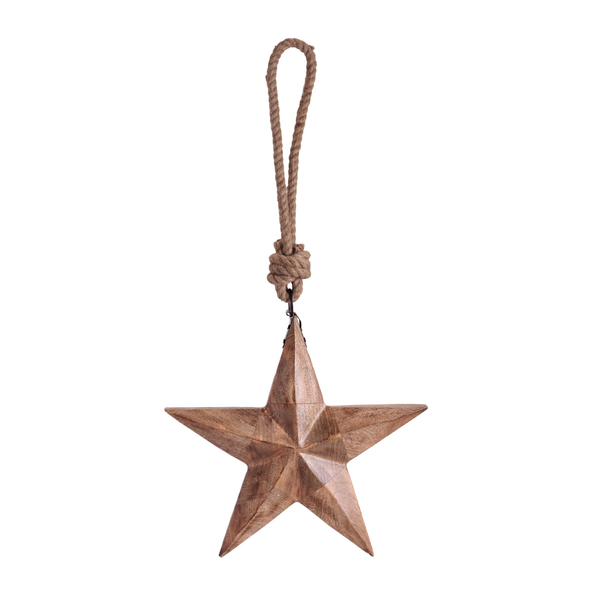 Hand-Carved Wood Star Ornament with Jute Rope Hanger
