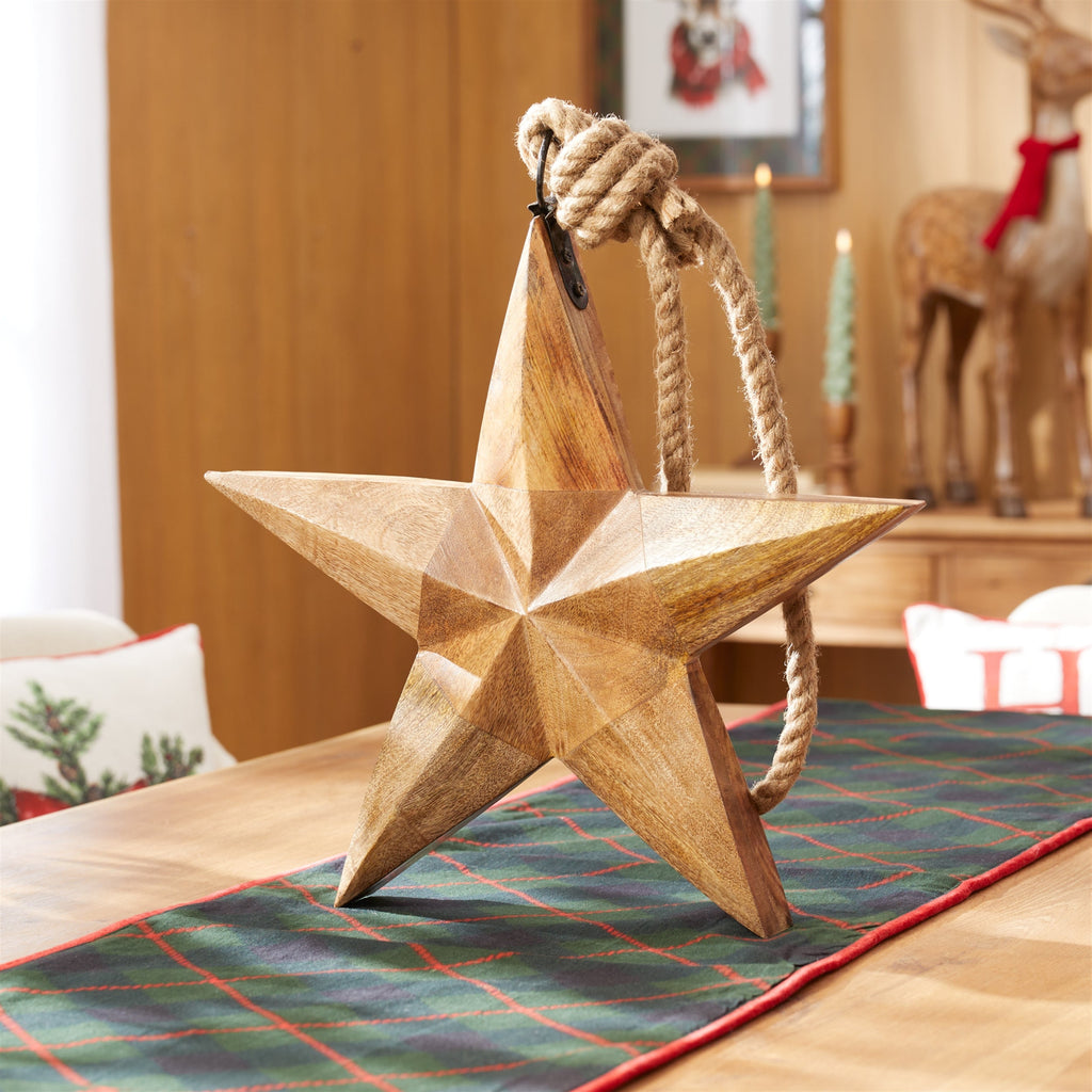 Hand-Carved Wood Star Ornament with Jute Rope Hanger