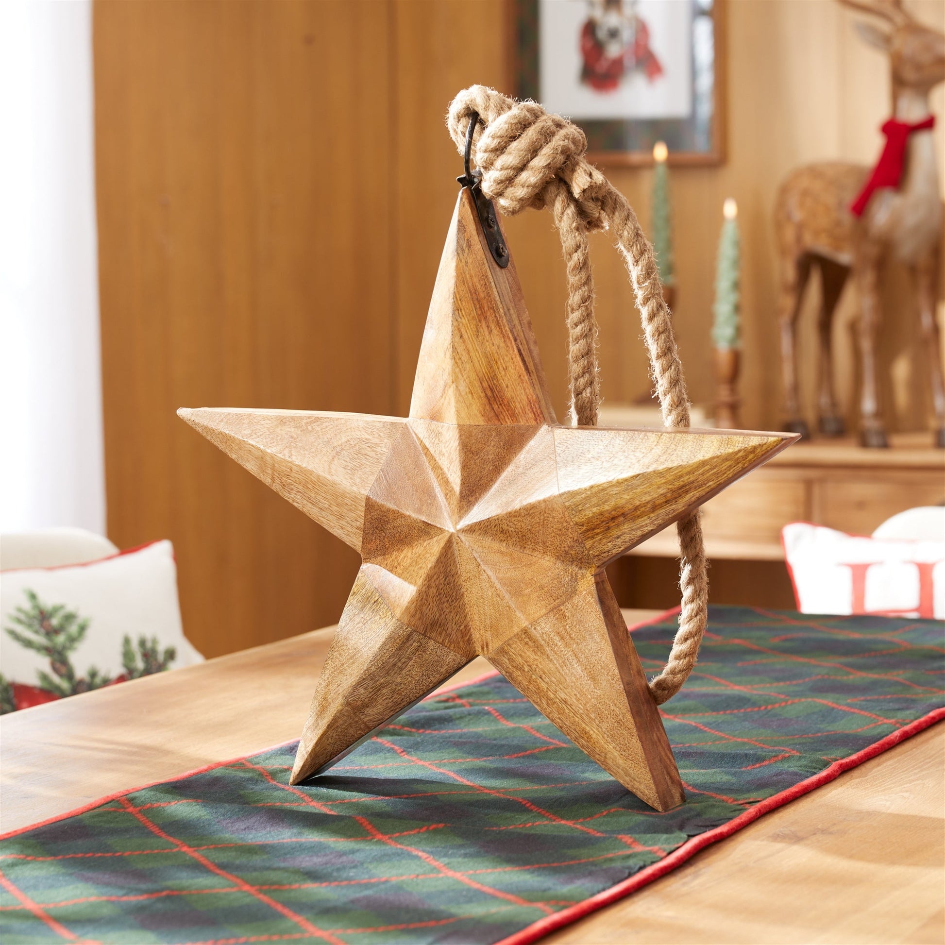 Hand-Carved Wood Star Ornament with Jute Rope Hanger