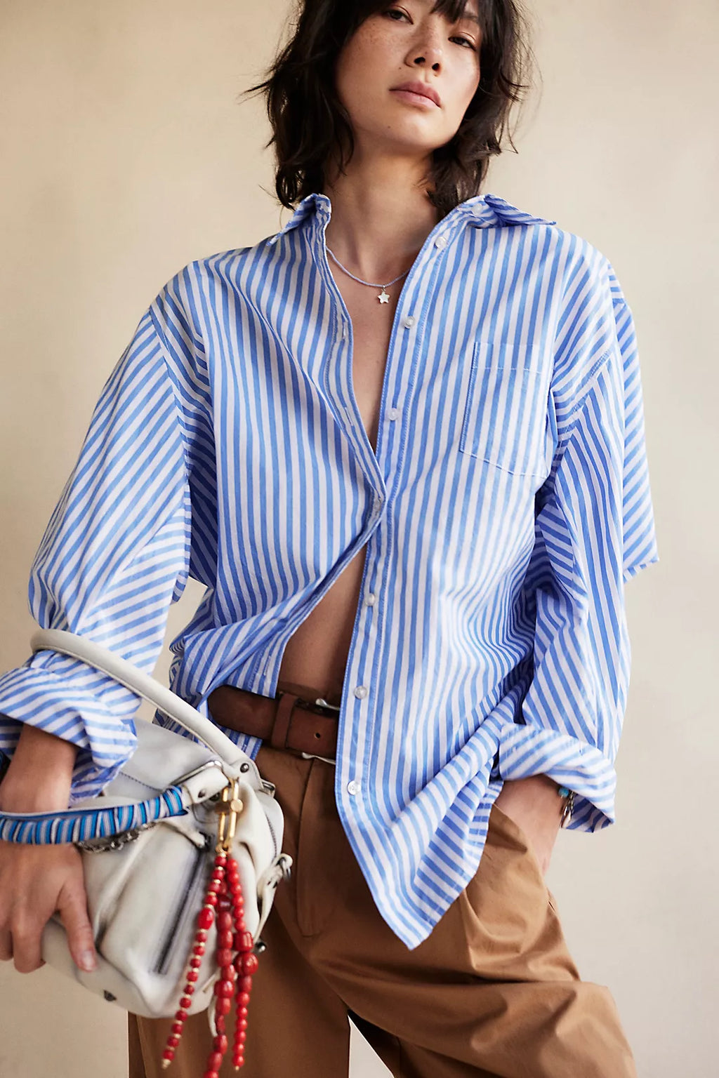 SABINE TAILORED STRIPE SHIRT in OXFORD STRIPE - BLUE FREE PEOPLE