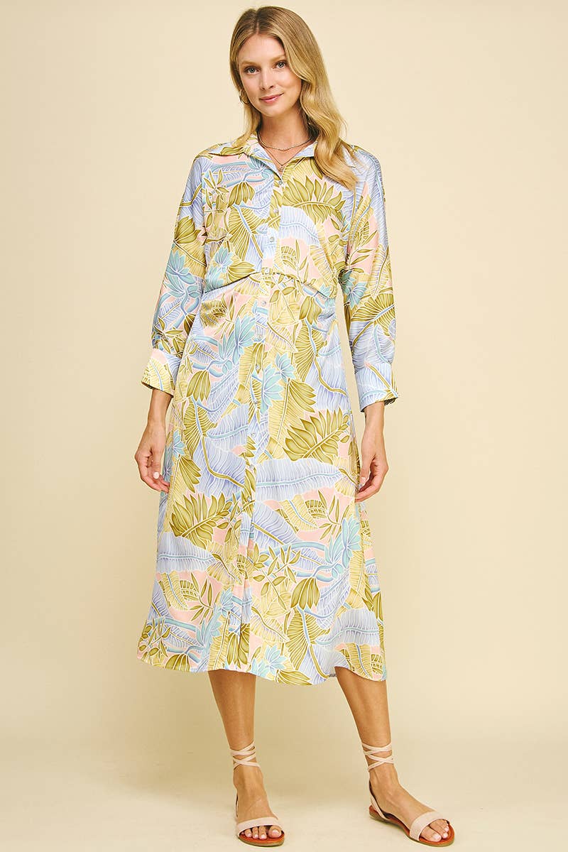 PRINT BUTTON DOWN MIDI DRESS