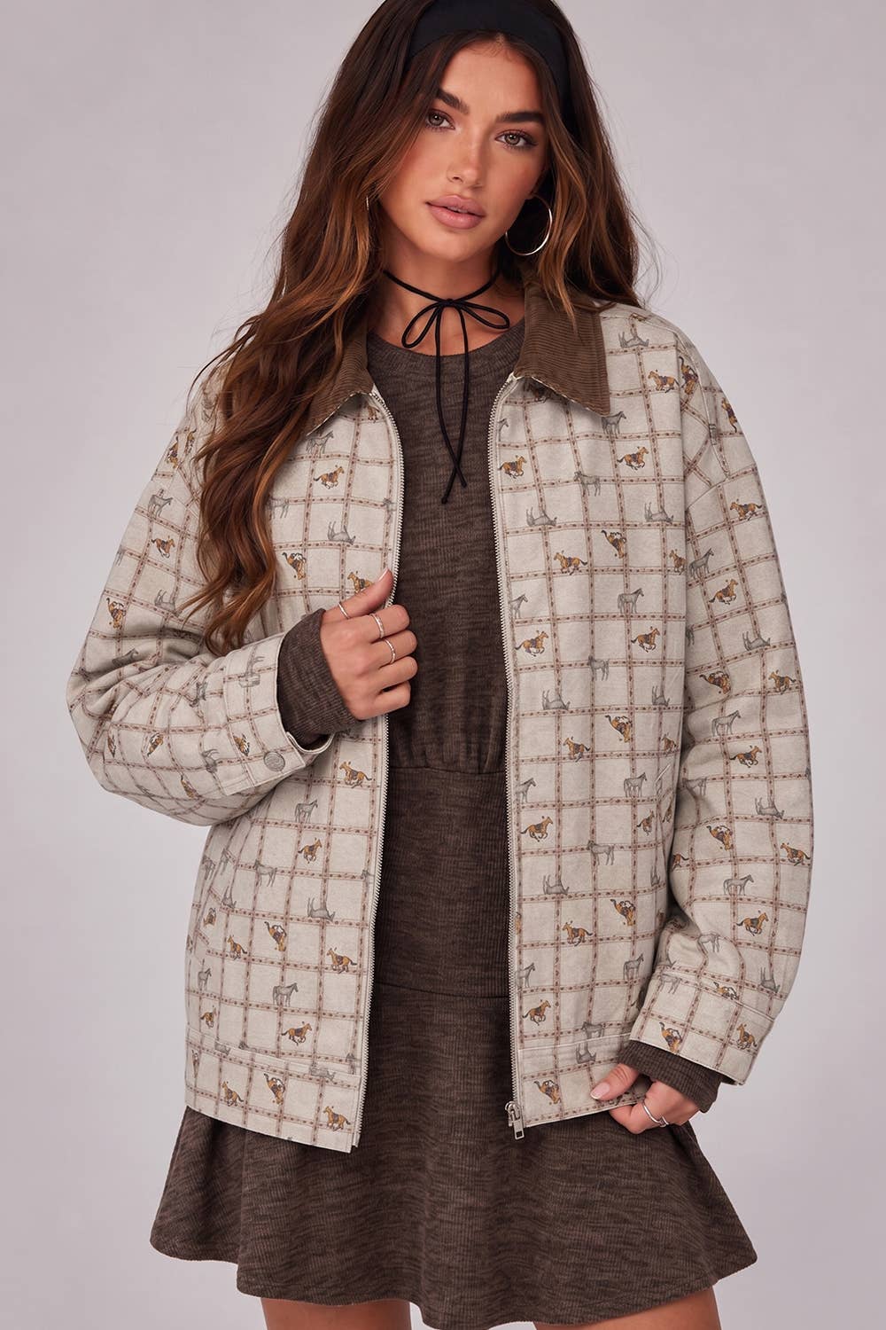 Western Horse Print Zip Up Jacket