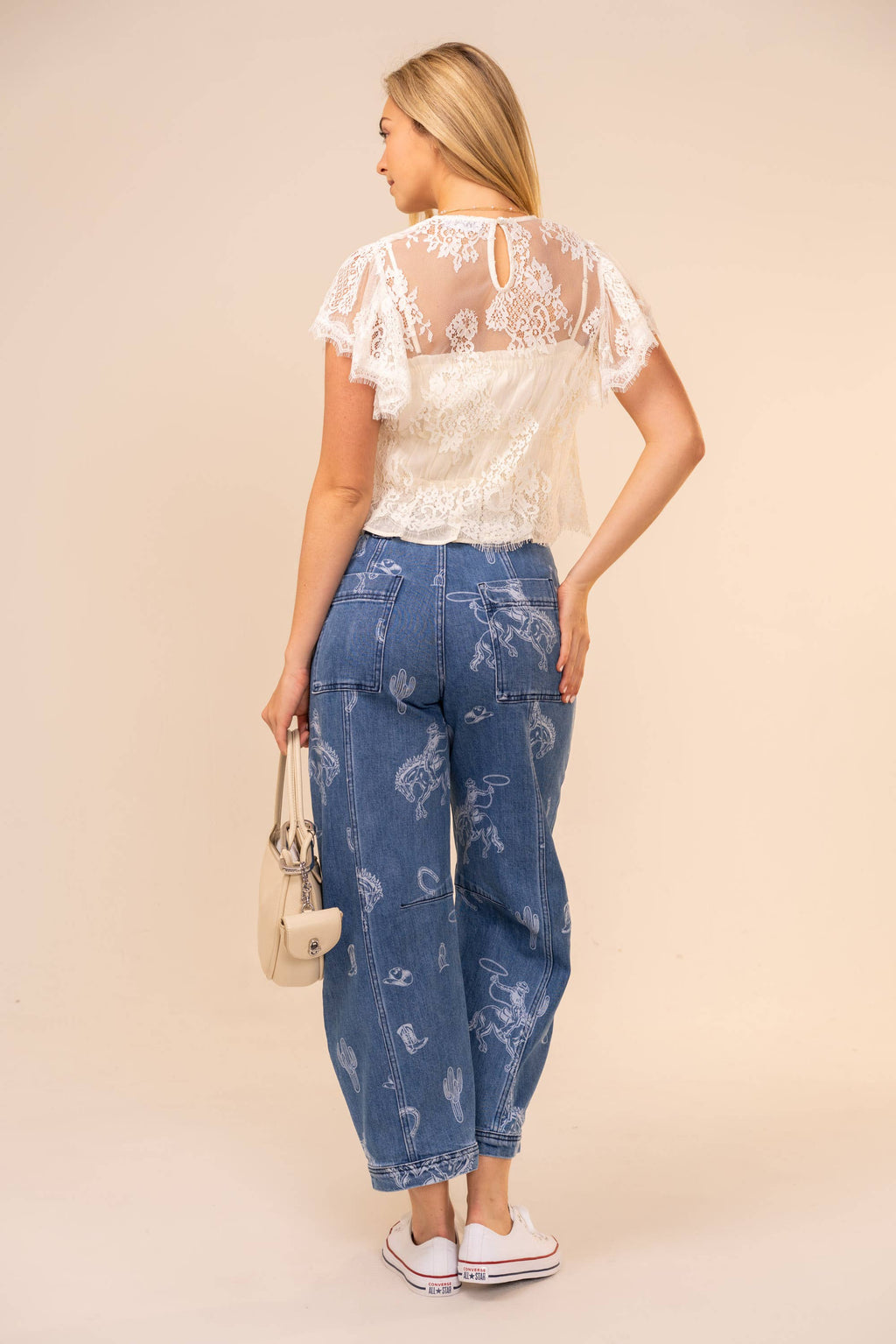Western Print Barrel Leg Denim Jean
