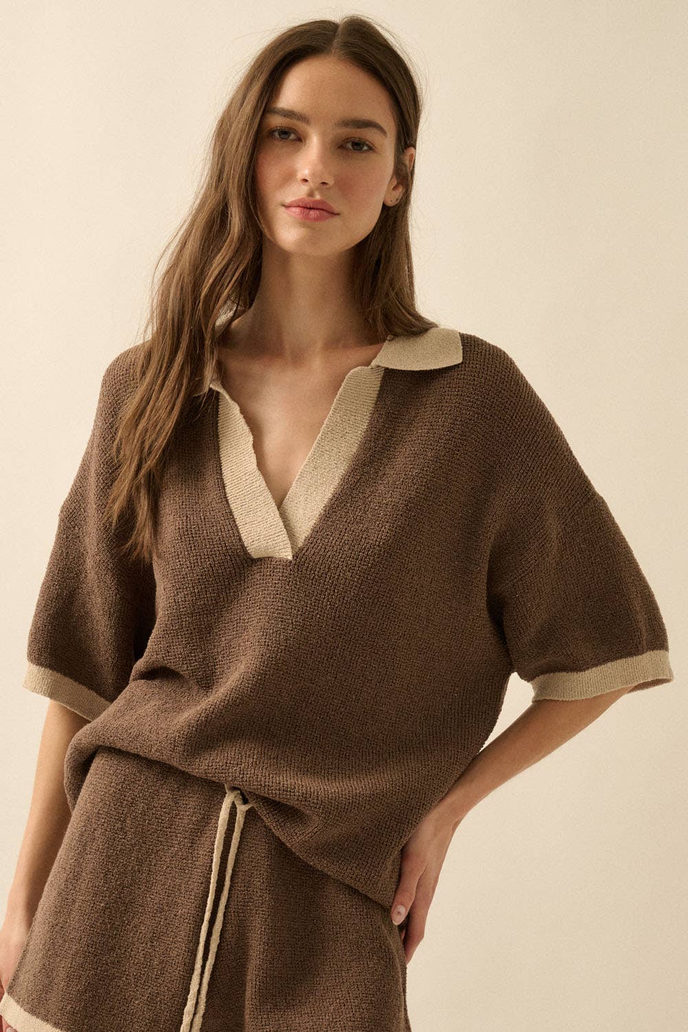 Solid Knit Contrast Short-Sleeve Polo Sweater