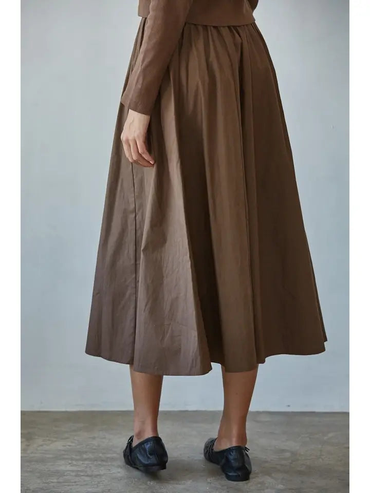 Woven Cotton Elastic Waist Flare Midi Skirt