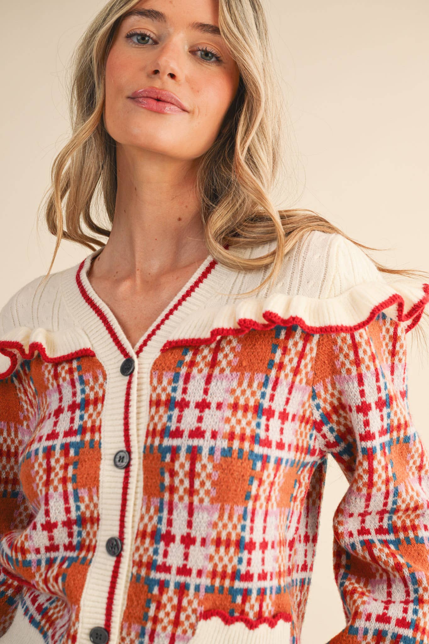RUFFLED YOKE PLAID SWEATER CARDIGAN