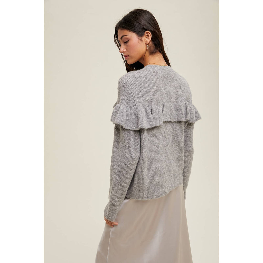 BRUSHED BUTTON-UP FRILL SWEATER CARDIGAN
