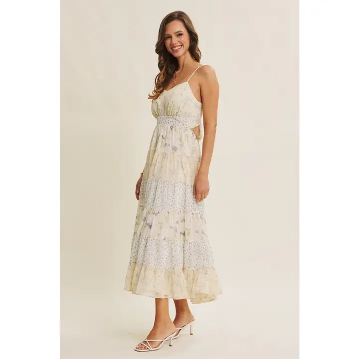 MEADOW INSPIRED MIXED FLORAL BOW BACK FLARE MIDI DRESS