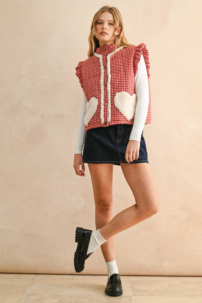 GINGHAM PATTERN SHERPA POCKET VEST