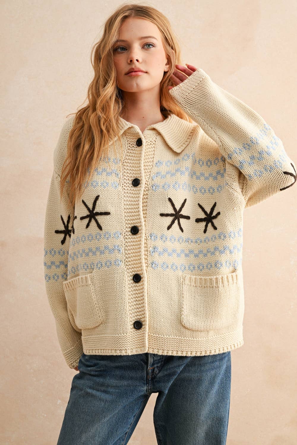 SNOW FLAKE PATTERN BUTTON FRONT SWEATER JACKET