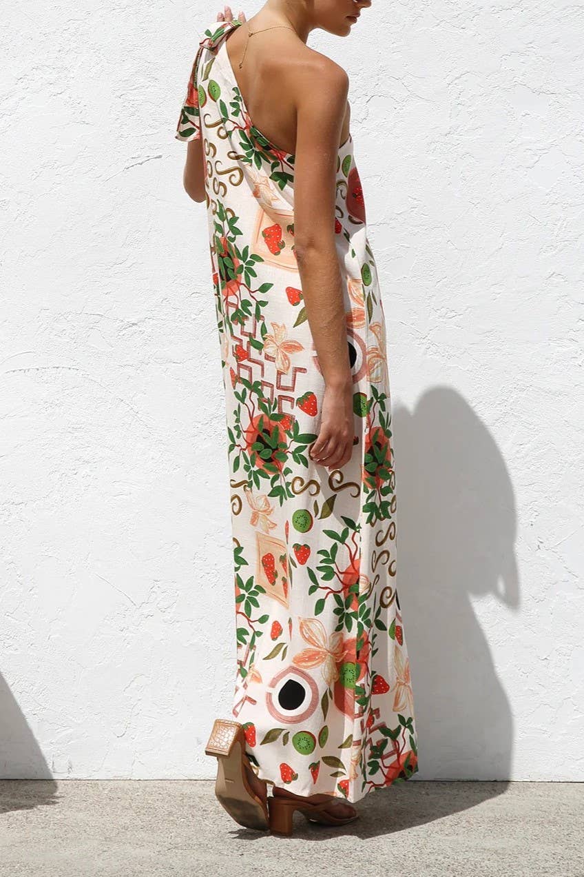 Floral botanical fruit print one shoulder dress