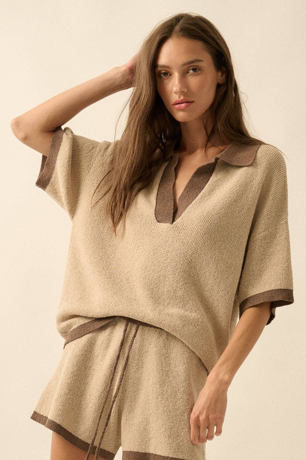 Solid Knit Contrast Short-Sleeve Polo Sweater