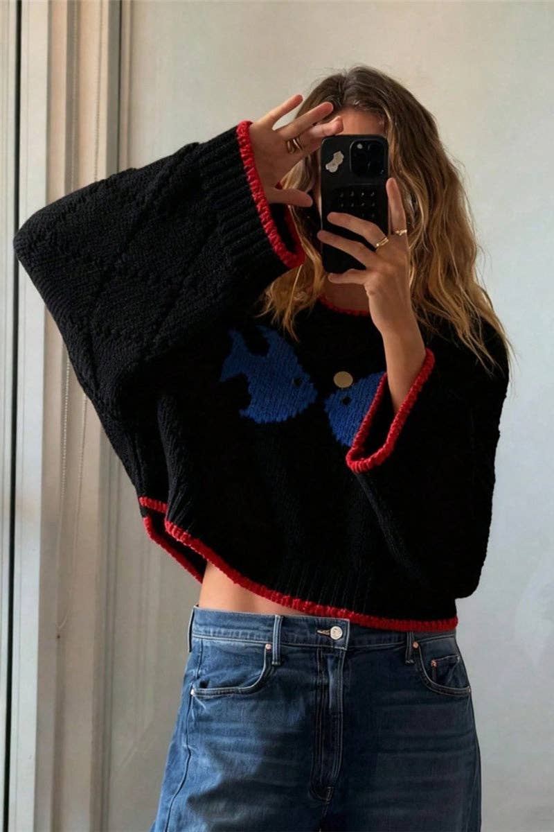 Oversized Knit Sweater with Red Trim