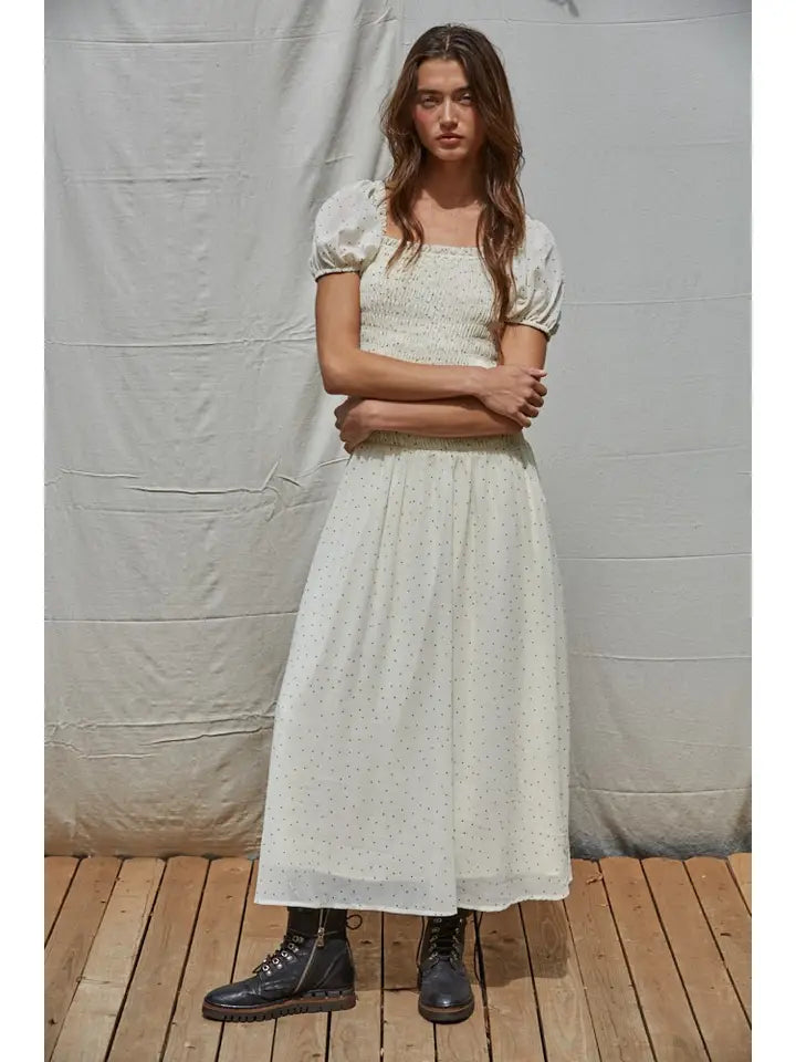 Woven Polyester Flocked Velvet Dot Print Flare Maxi