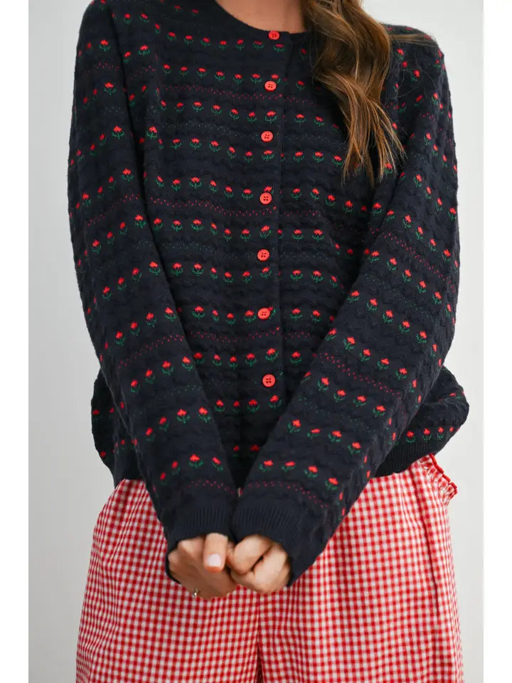 Navy Floral Button-Front Cardigan