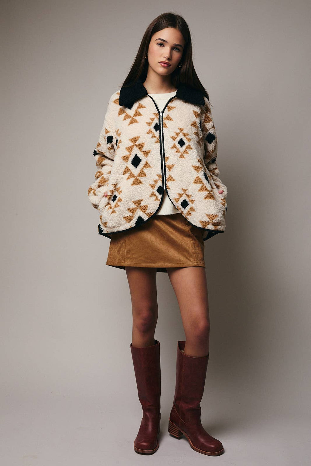 LONG SLEEVE PRINT SHERPA ZIP UP JACKET