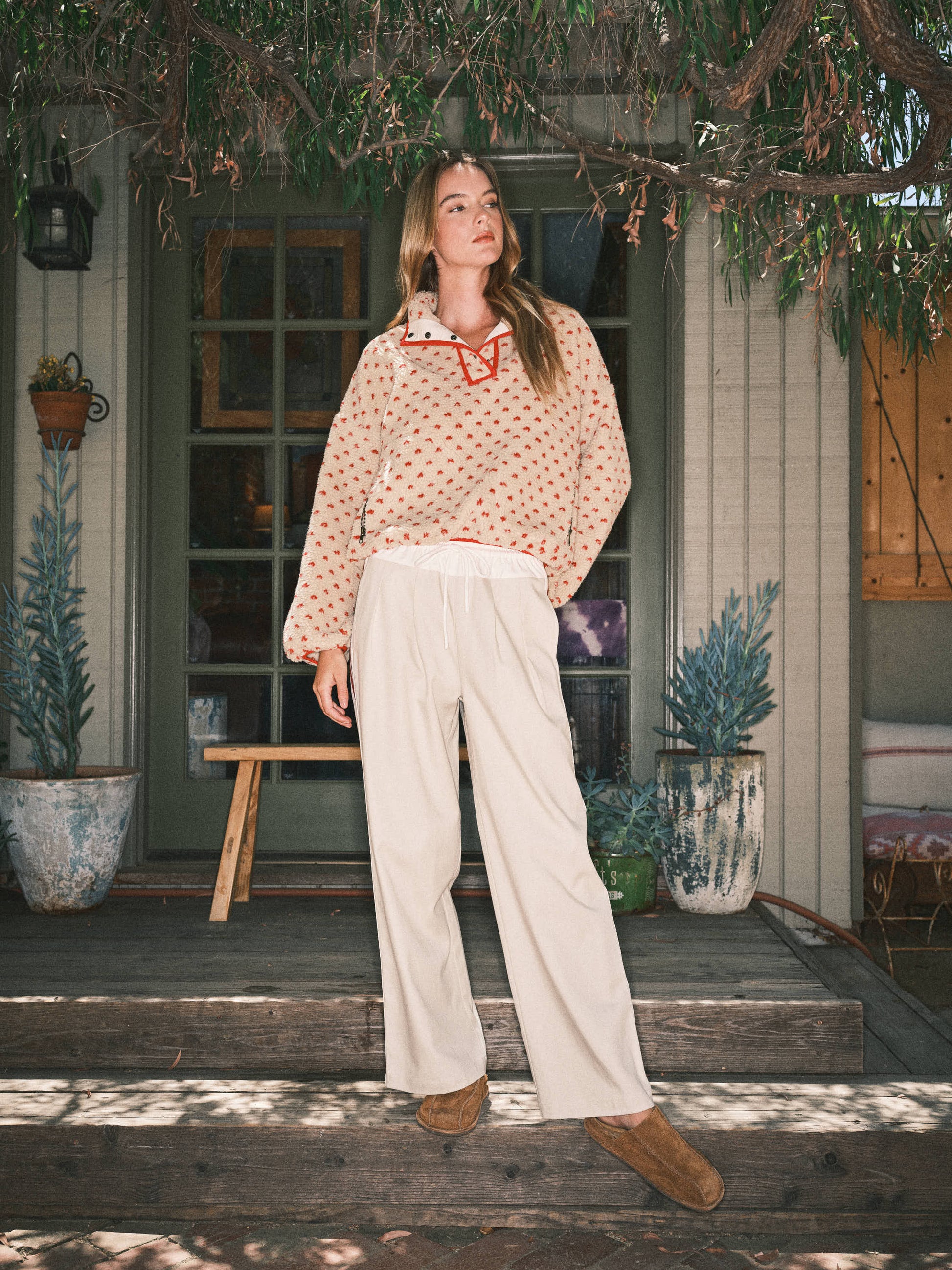 AJJ5366 HEART PRINT TEDDY BEAR PULLOVER JACKET