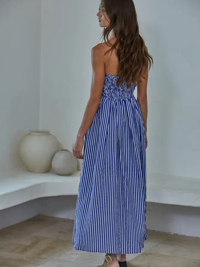 Striped Tube Neck Strapless Flare Maxi Dress