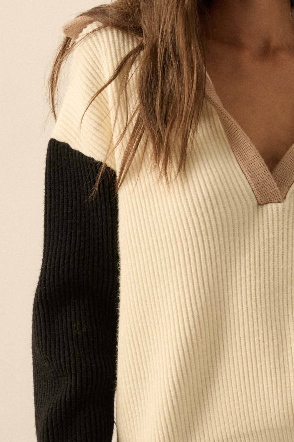Colorblock Ribbed Knit Flap-Collar V-Neck Sweater