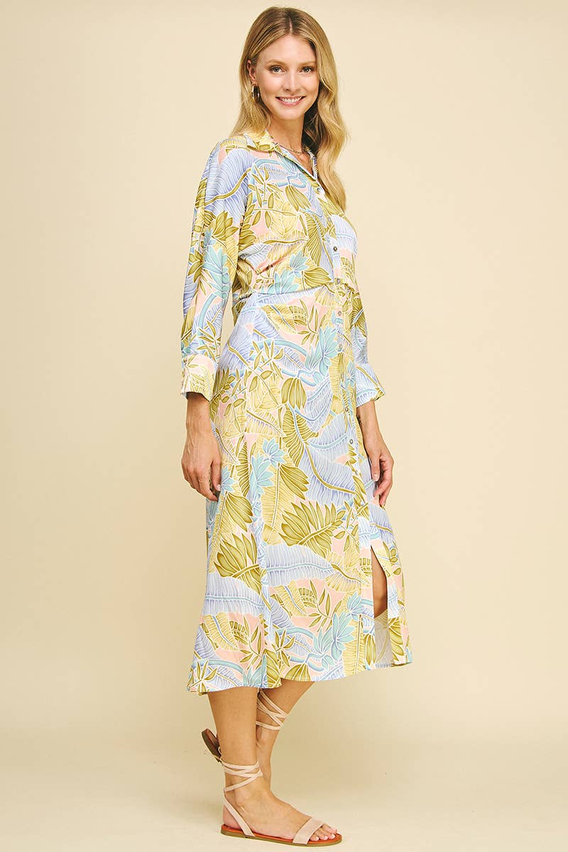 PRINT BUTTON DOWN MIDI DRESS