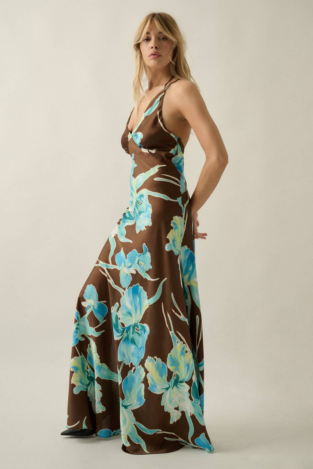 Satin Open-Back Halter Maxi Dress