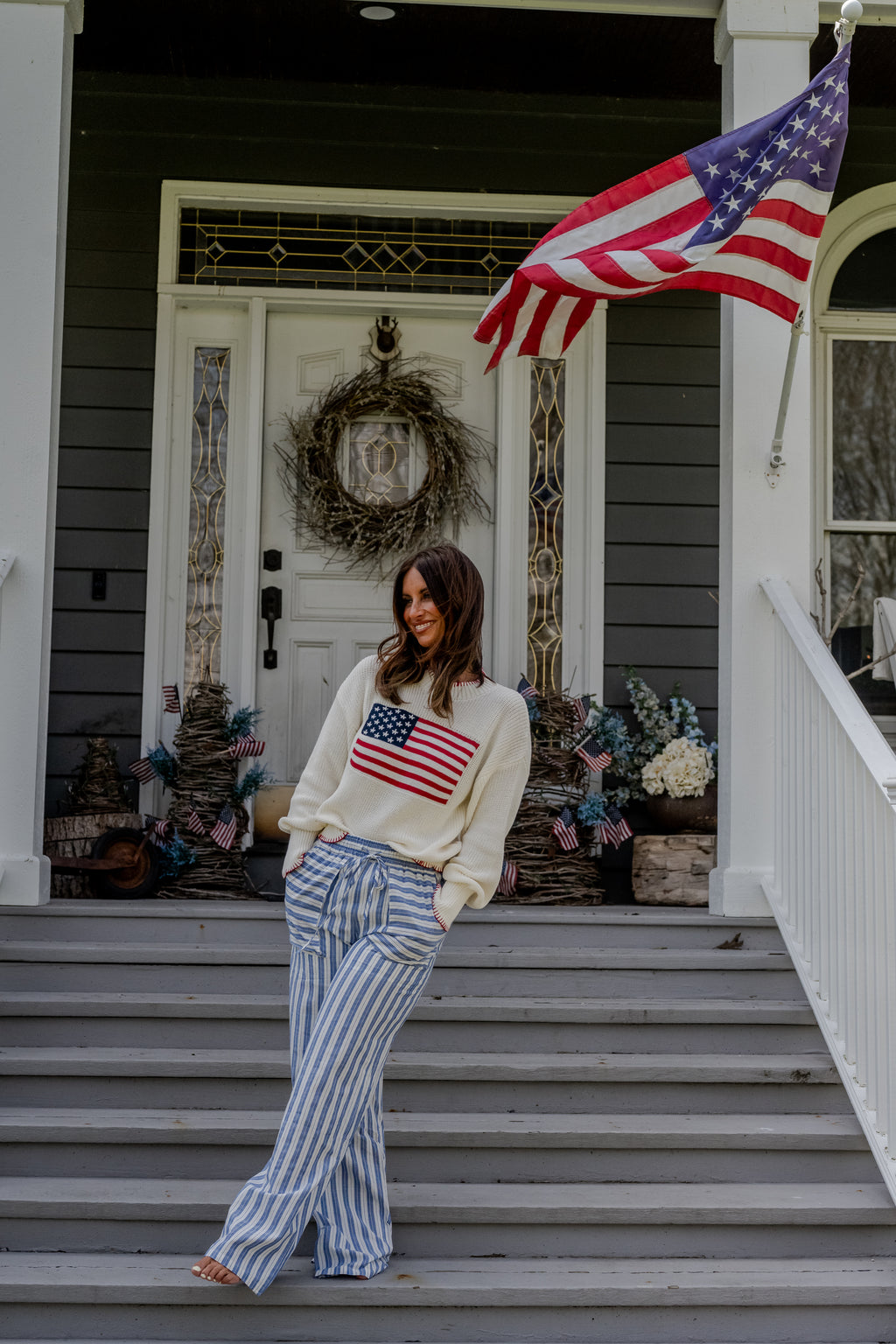 Promesa USA Striped Cotton Wide-Leg Pants - Blue Drawstring Beach Trousers