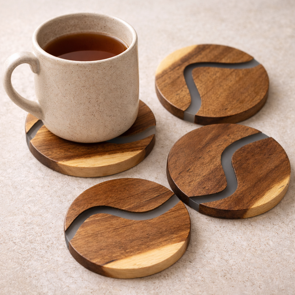 Ibiza Teak Wood & Resin Coaster Set – 4 Piece