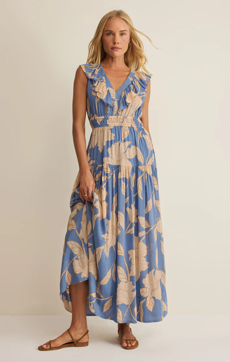 Blue floral sleeveless dress on model