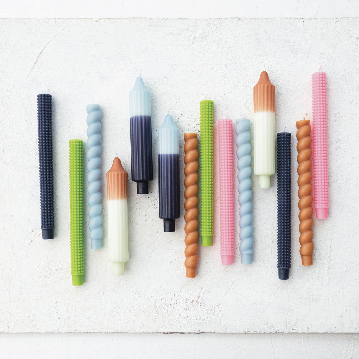 Camel & Mint Two-Tone Pleated Taper Candles | Set of 2