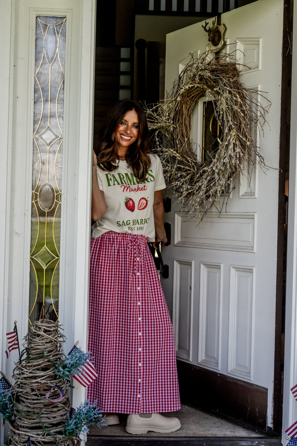 Miou Muse Gingham Button-Front Maxi Skirt - Red & White
