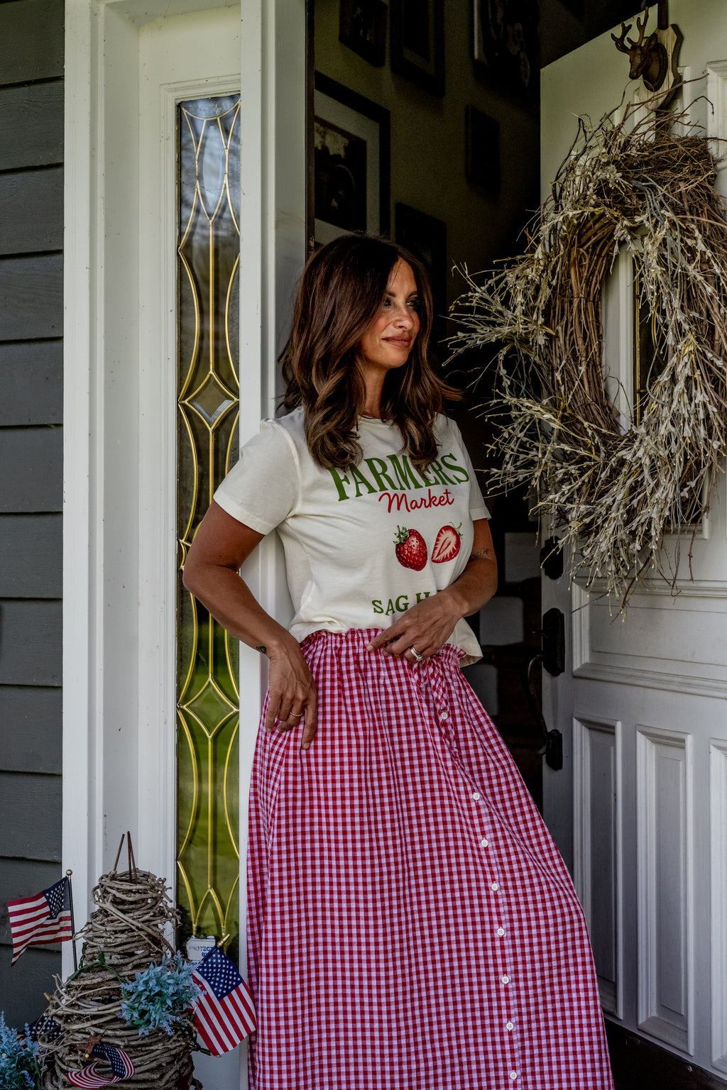 Miou Muse Gingham Button-Front Maxi Skirt - Red & White