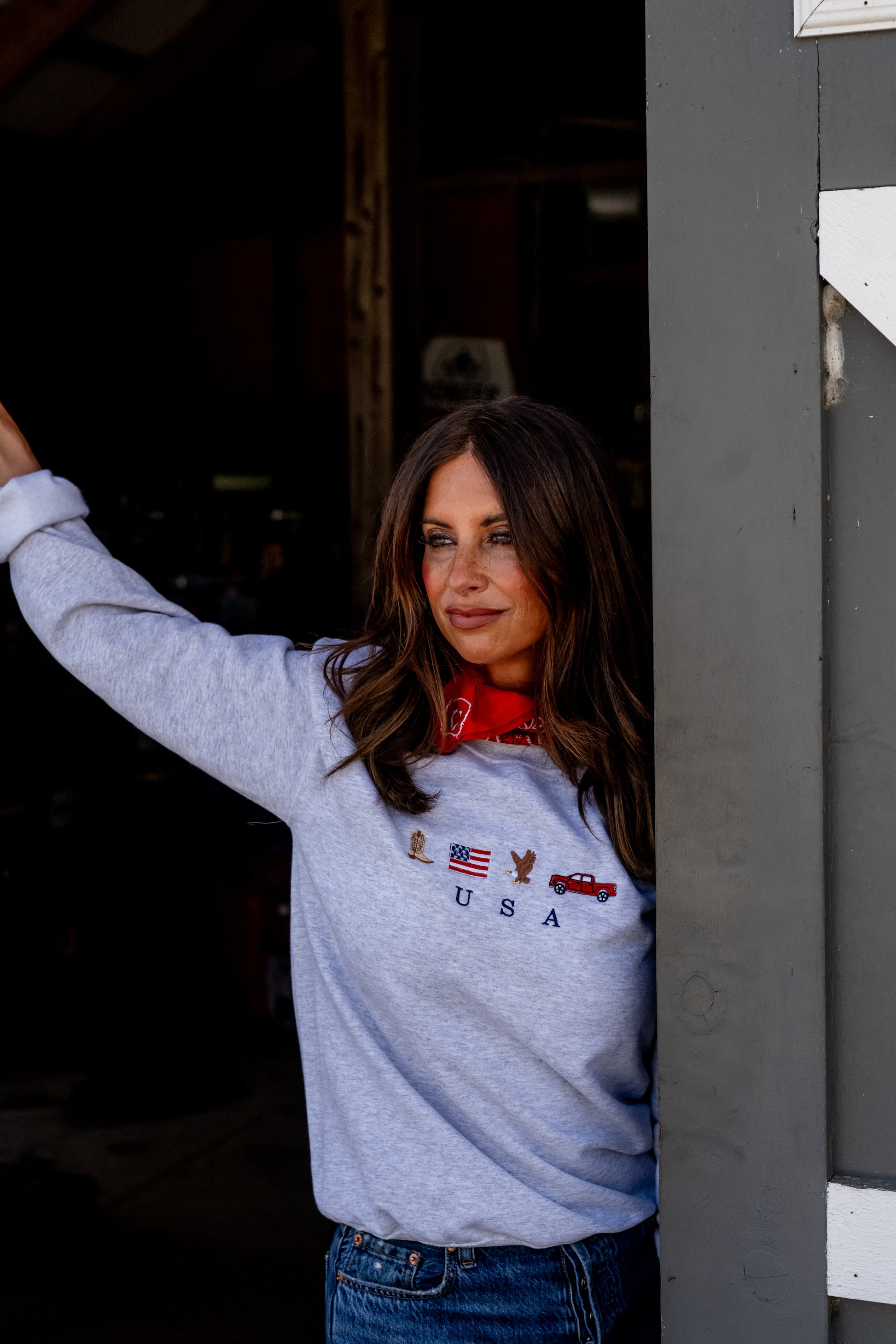 USA Embroidered Icons Crewneck Sweatshirt - Patriotic Western Pullover