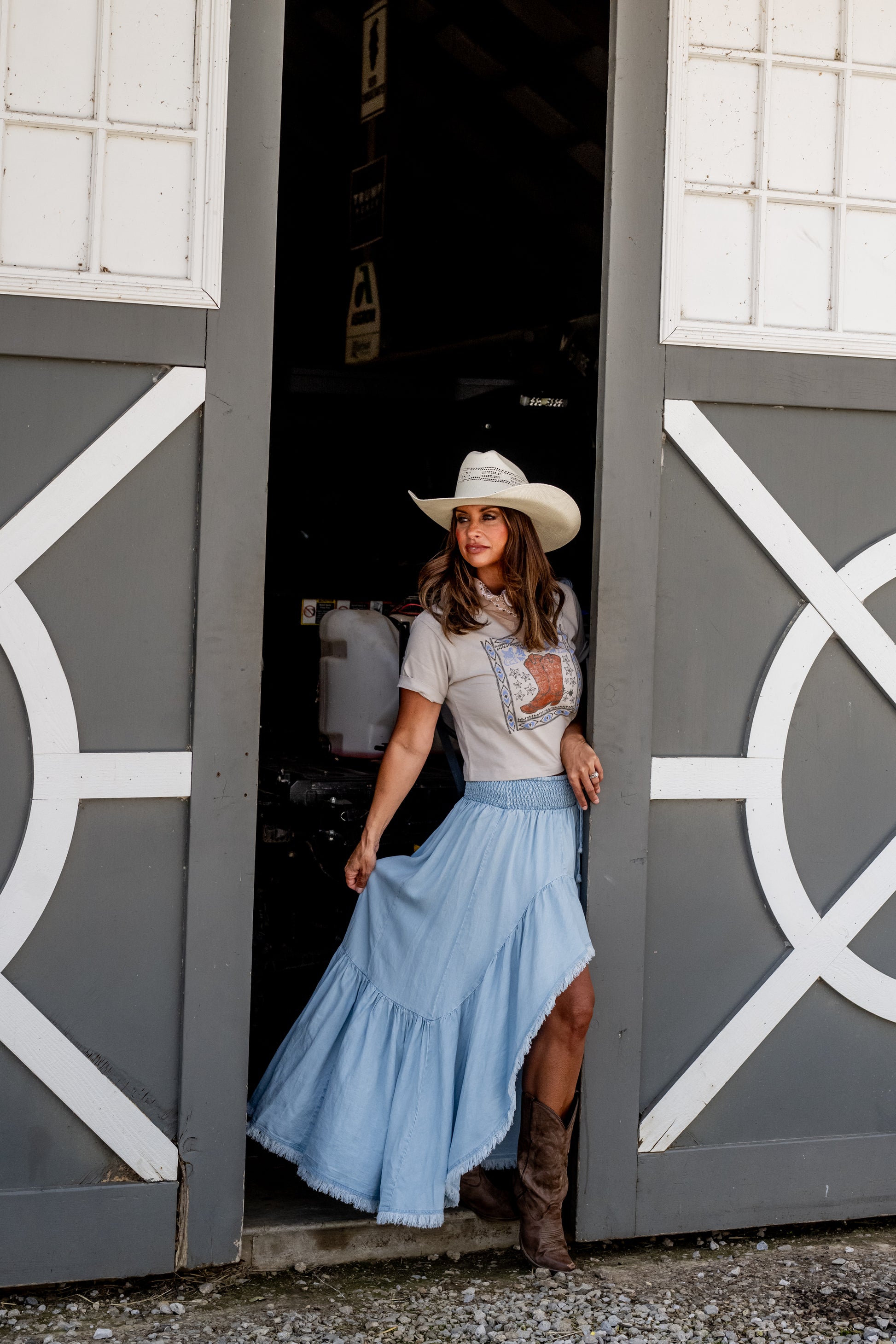 Promesa Tencel Denim Maxi Skirt - Light Chambray High-Low Ruffle Skirt