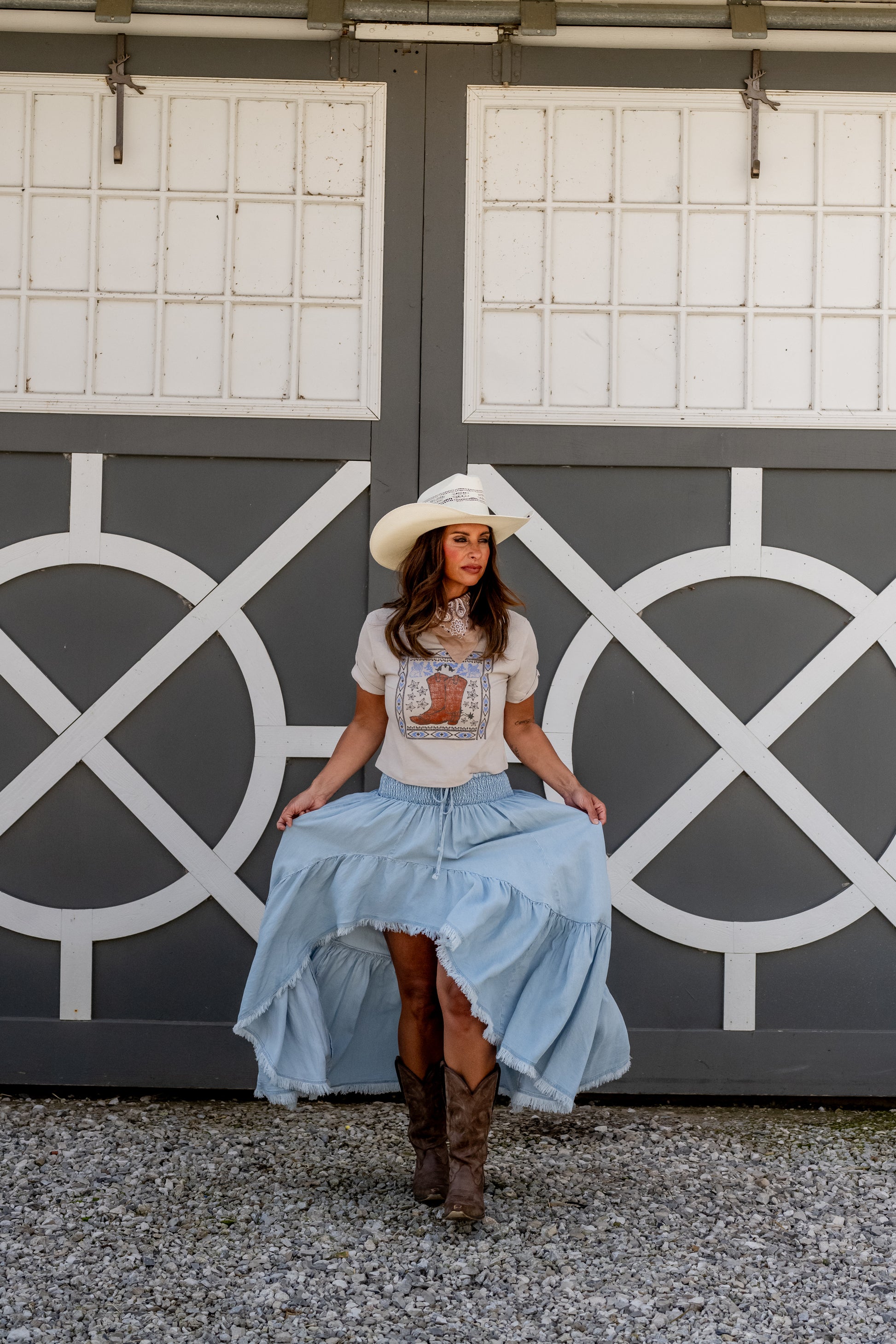 Promesa Tencel Denim Maxi Skirt - Light Chambray High-Low Ruffle Skirt