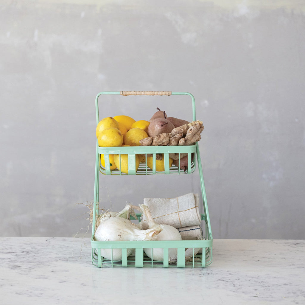 Mint Green 2-Tier Metal Tray with Rattan Wrapped Handle