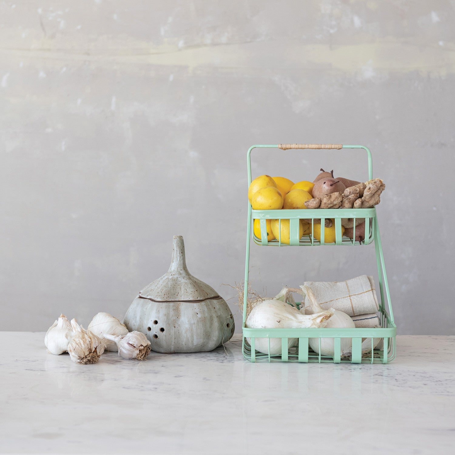 Mint Green 2-Tier Metal Tray with Rattan Wrapped Handle